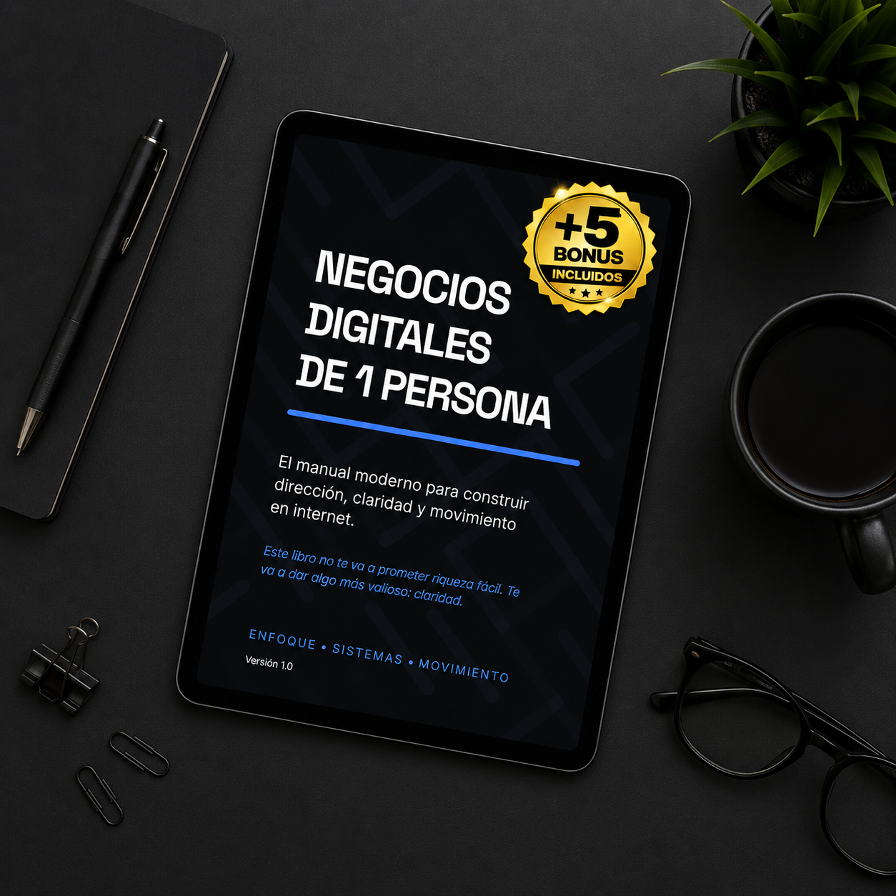 Mockup del libro digital Negocios Digitales de 1 Persona mostrado en una tablet.